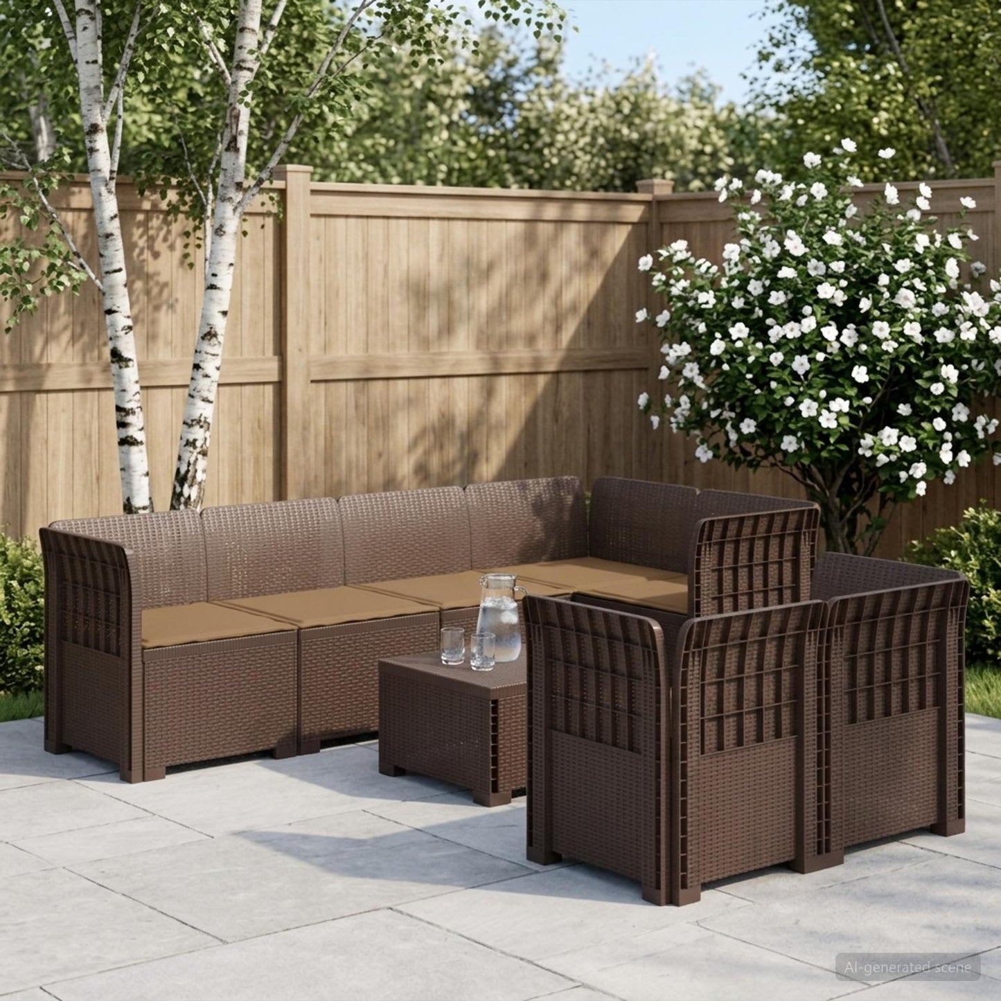 vidaXL 7-Seater Garden Sofa with Cushions Rattan Look PP Brown