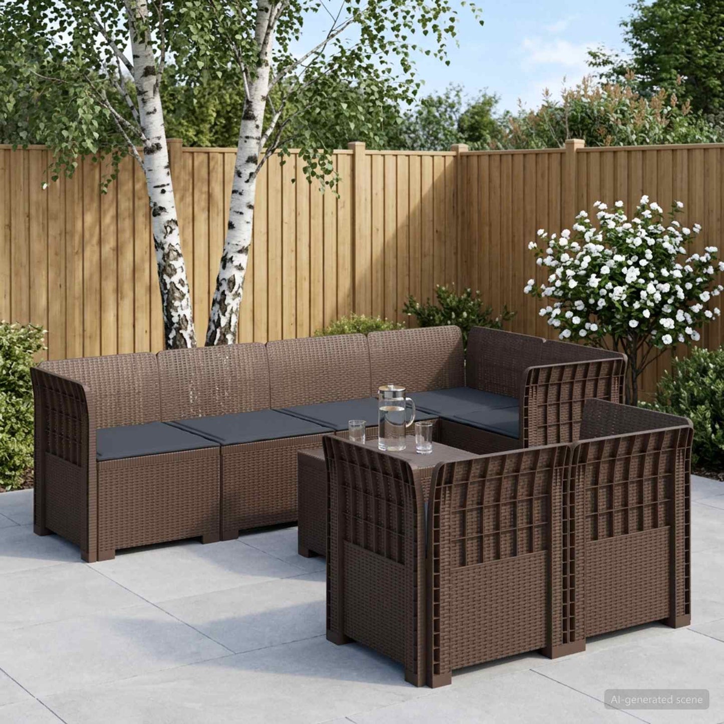 vidaXL 7-Seater Garden Sofa with Cushions Rattan Look PP Brown