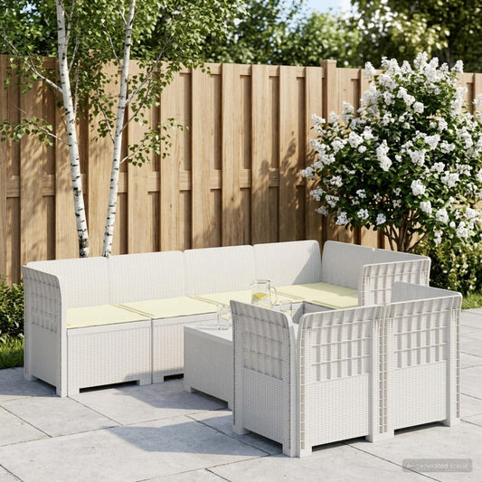 vidaXL 7-Seater Garden Sofa with Cushions Rattan Look PP White