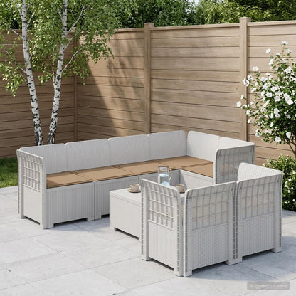 vidaXL 7-Seater Garden Sofa with Cushions Rattan Look PP White