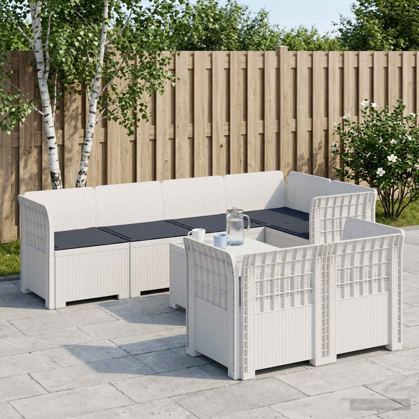 vidaXL 7-Seater Garden Sofa with Cushions Rattan Look PP White