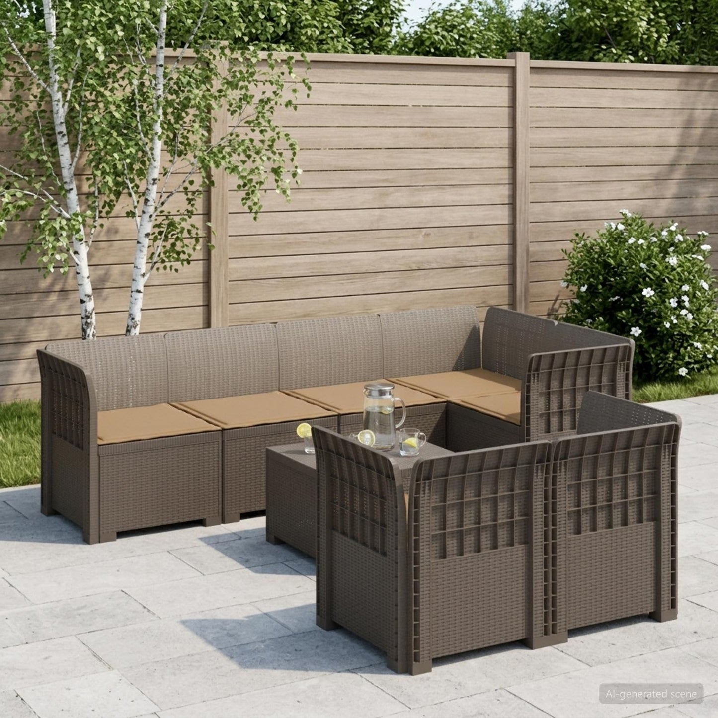 vidaXL 7-Seater Garden Sofa with Cushions Rattan Look PP Light Grey