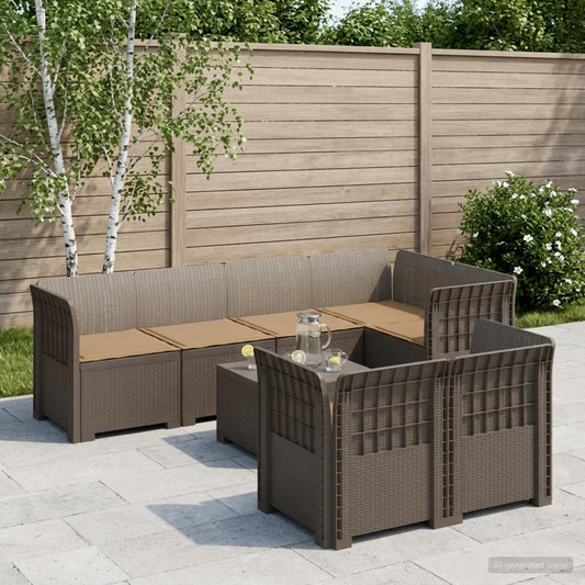 vidaXL 7-Seater Garden Sofa with Cushions Rattan Look PP Light Grey