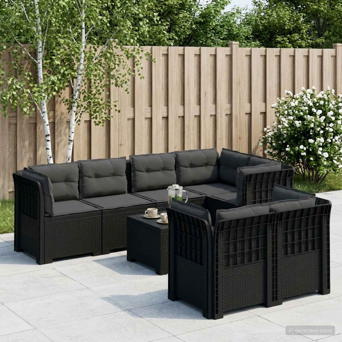 vidaXL 7-Seater Garden Sofa with Cushions Rattan Look PP Anthracite