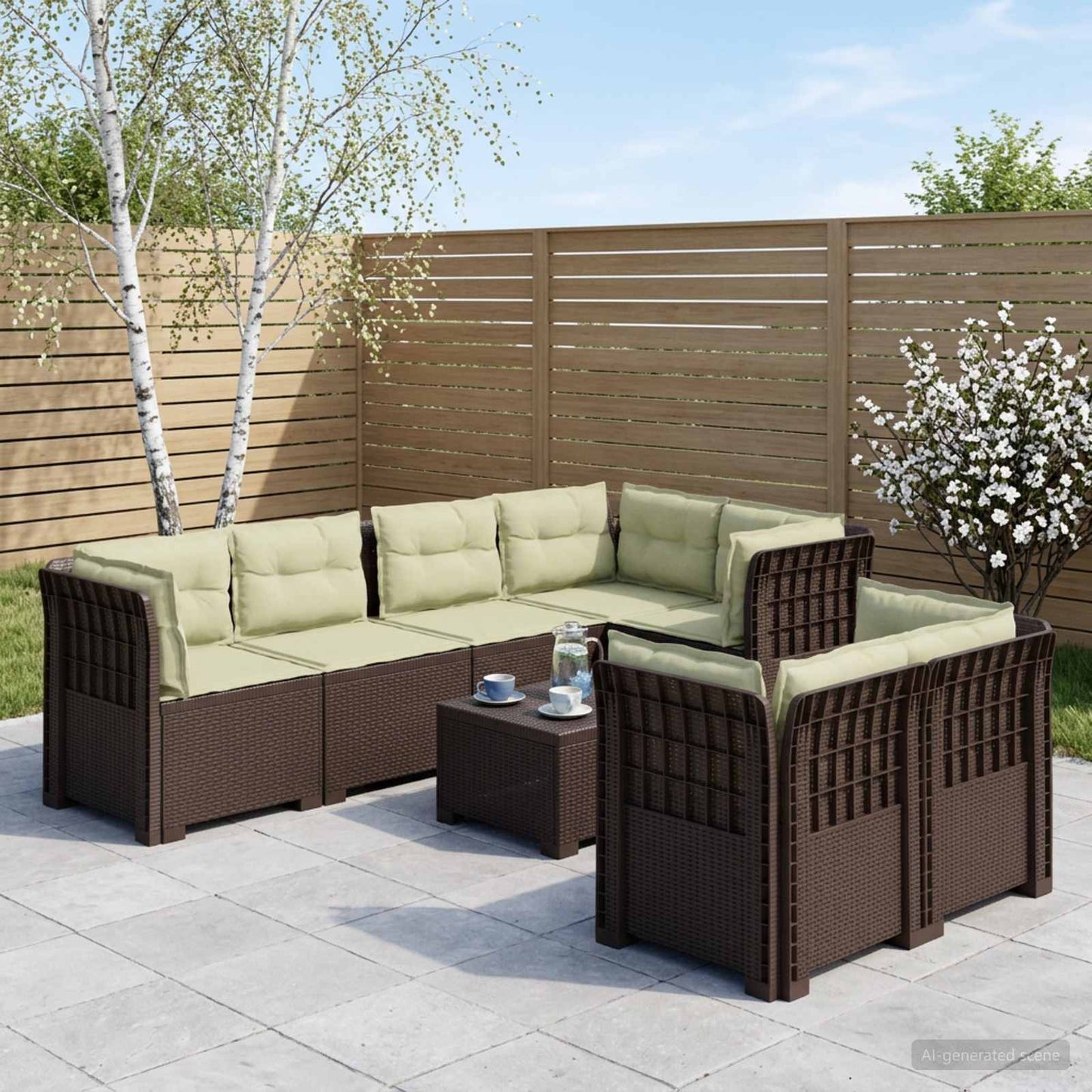 vidaXL 7-Seater Garden Sofa with Cushions Rattan Look PP Brown