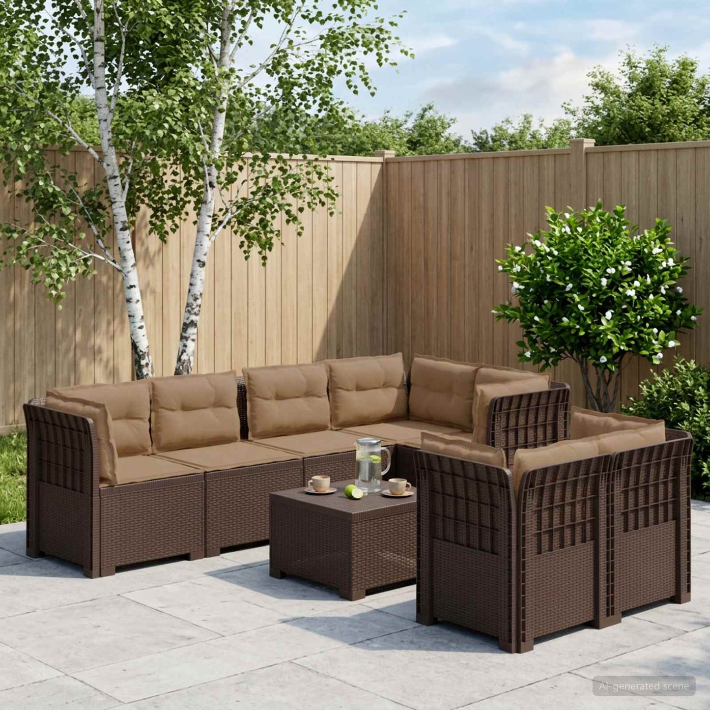 vidaXL 7-Seater Garden Sofa with Cushions Rattan Look PP Brown