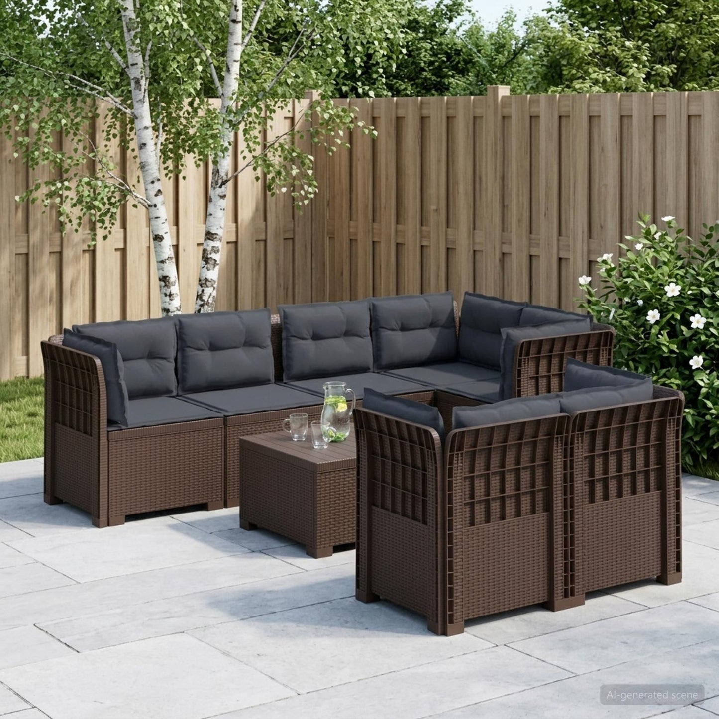 vidaXL 7-Seater Garden Sofa with Cushions Rattan Look PP Brown