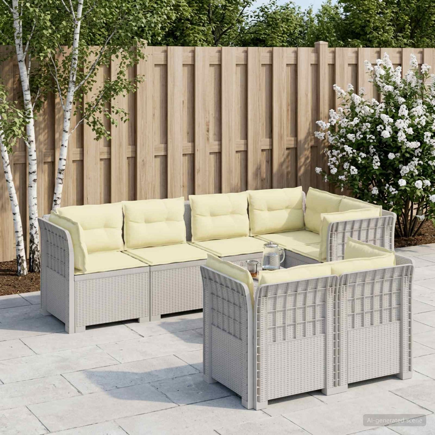 vidaXL 7-Seater Garden Sofa with Cushions Rattan Look PP White