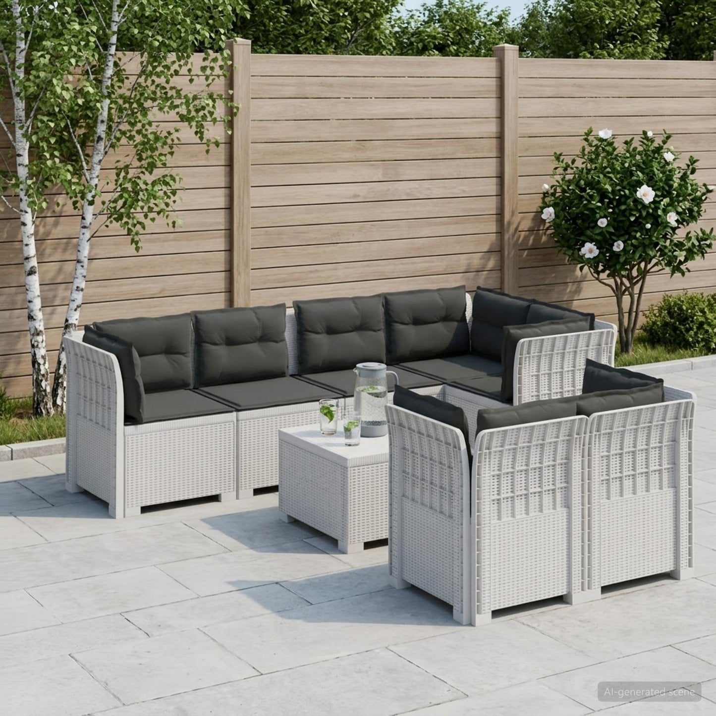 vidaXL 7-Seater Garden Sofa with Cushions Rattan Look PP White
