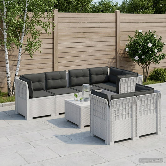 vidaXL 7-Seater Garden Sofa with Cushions Rattan Look PP White