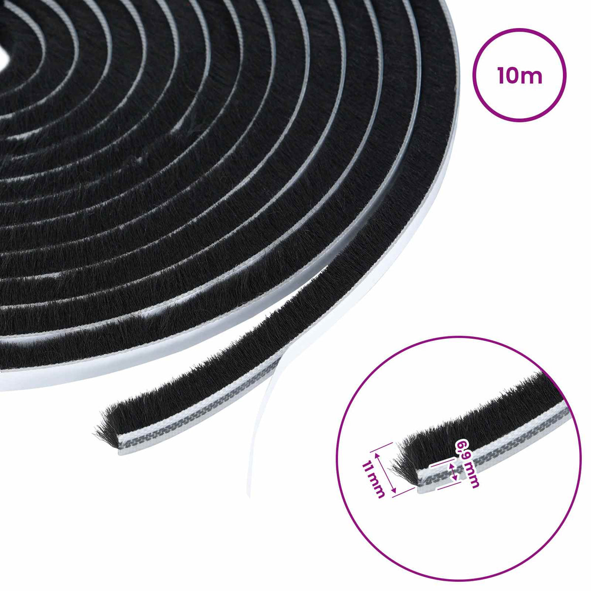 vidaXL Self-Adhesive Door Brush Seal 10 m PP Black