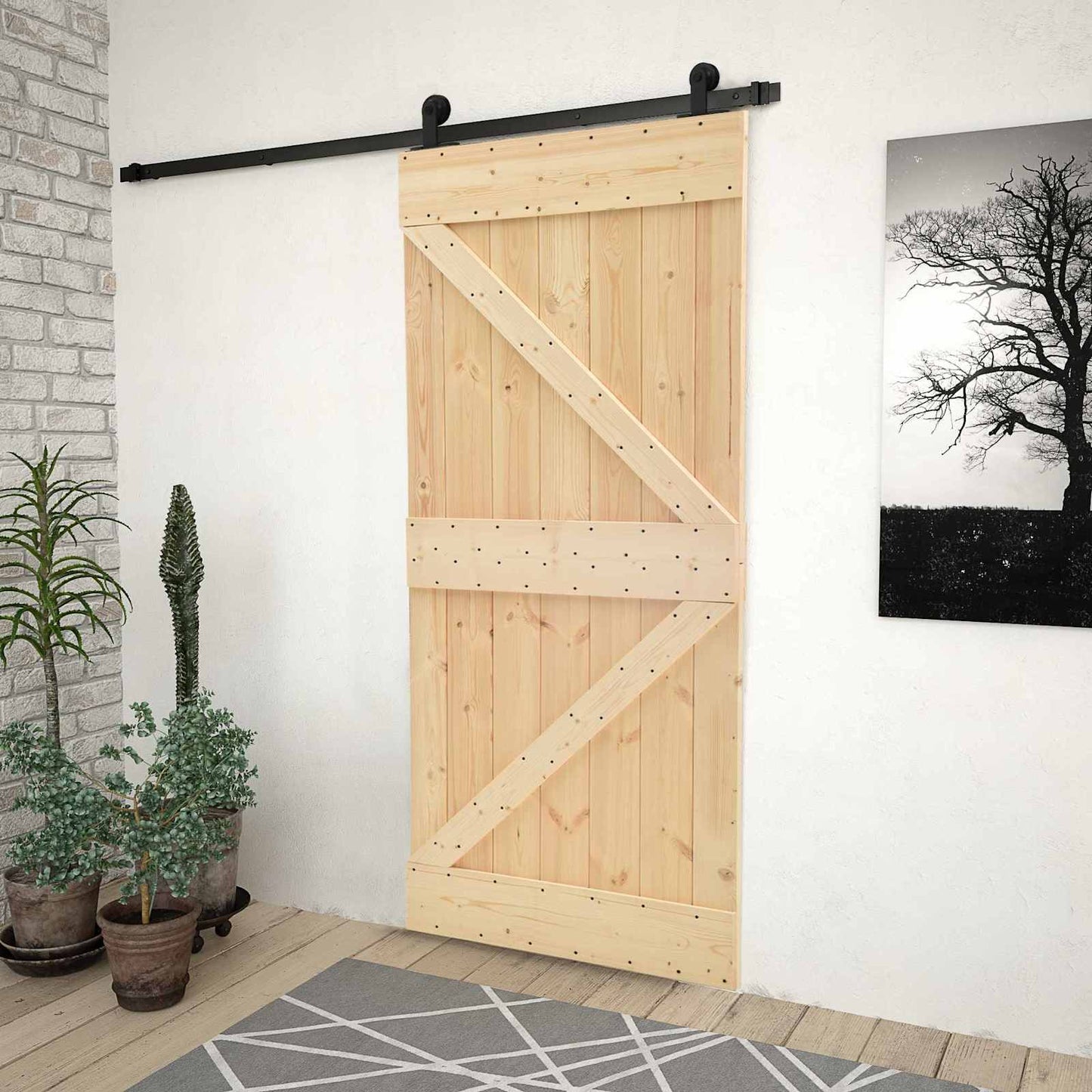 vidaXL Sliding Door Natural and Black 90 x 210 cm Solid Pine Wood