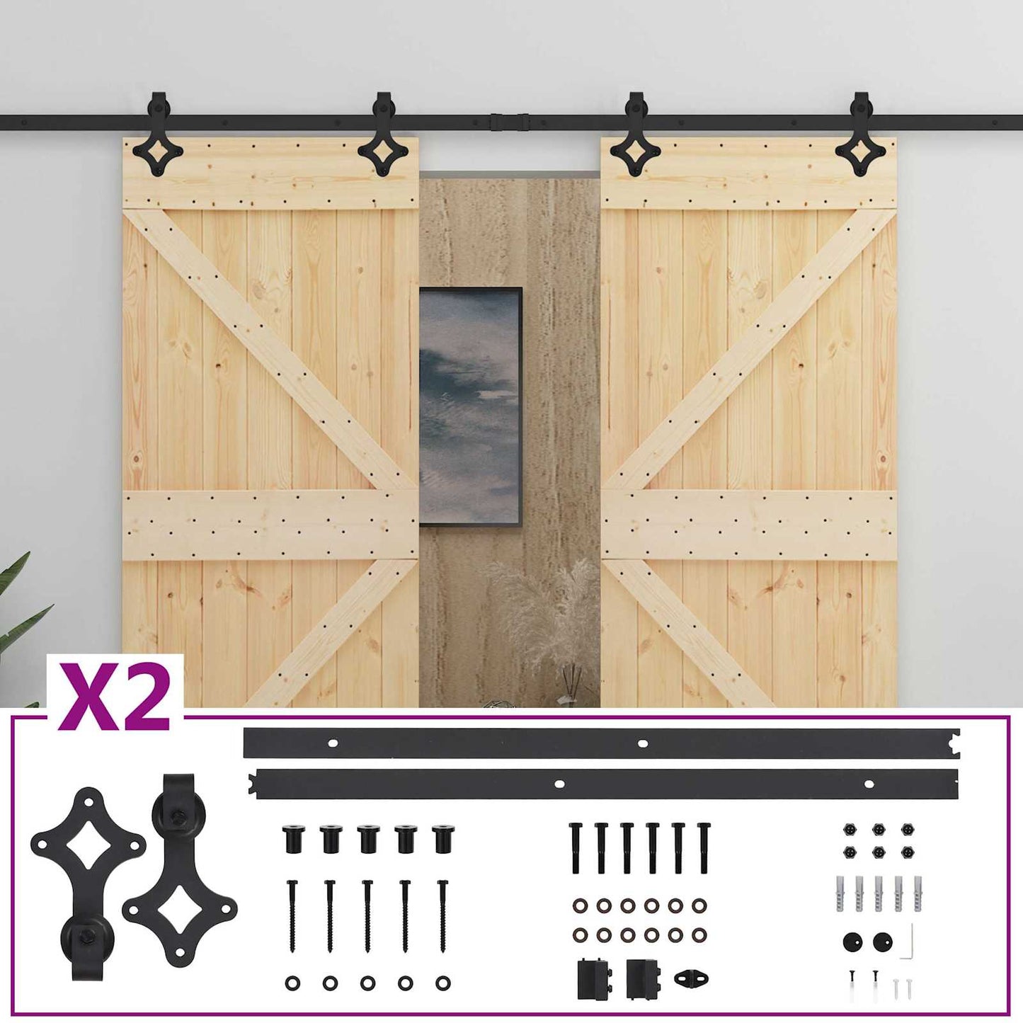 vidaXL Sliding Door 2 pcs Natural and Black Solid Pine Wood