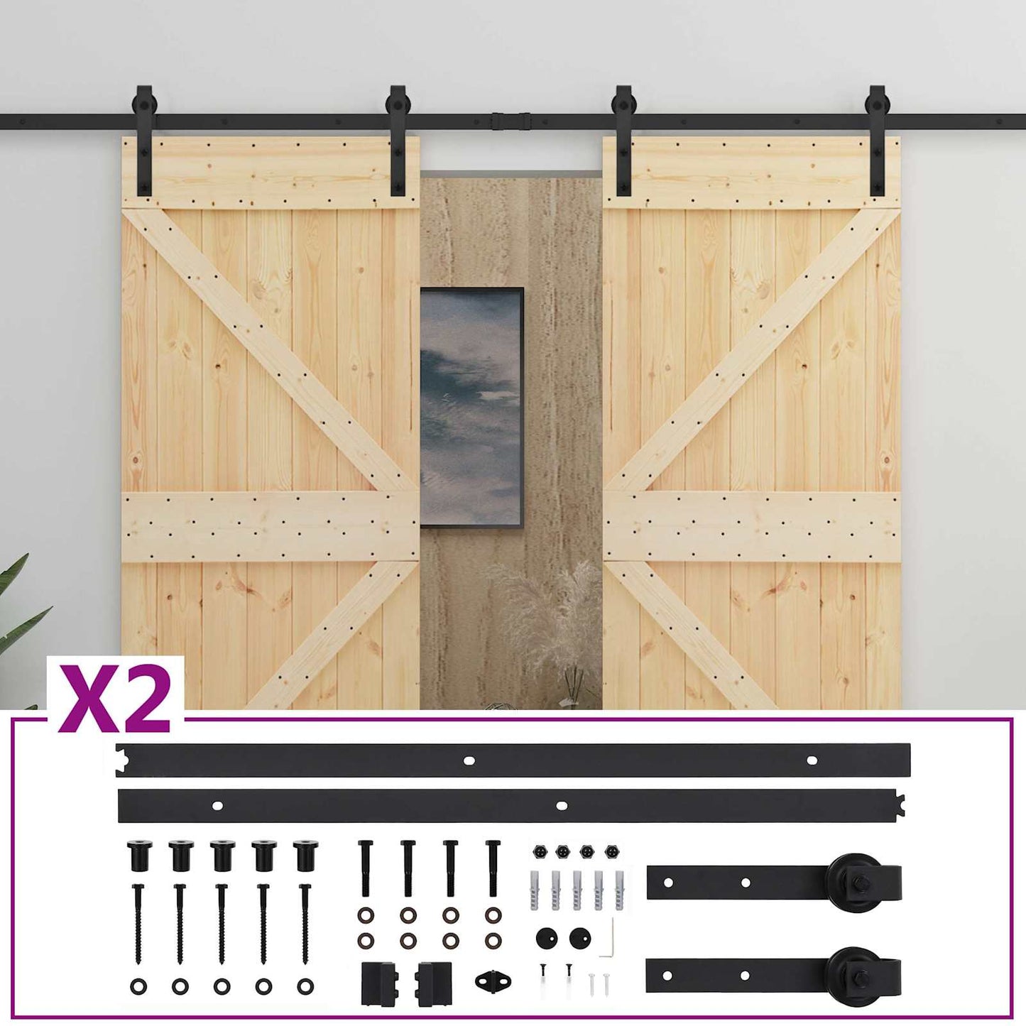 vidaXL Sliding Door 2 pcs Natural and Black Solid Pine Wood