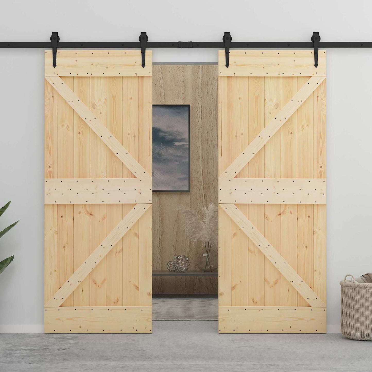 vidaXL Sliding Door 2 pcs Natural and Black Solid Pine Wood