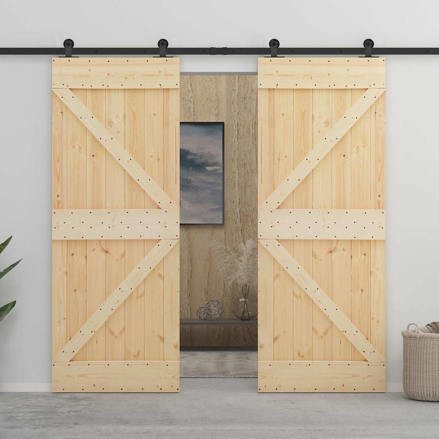 vidaXL Sliding Door 2 pcs Natural and Black Solid Pine Wood