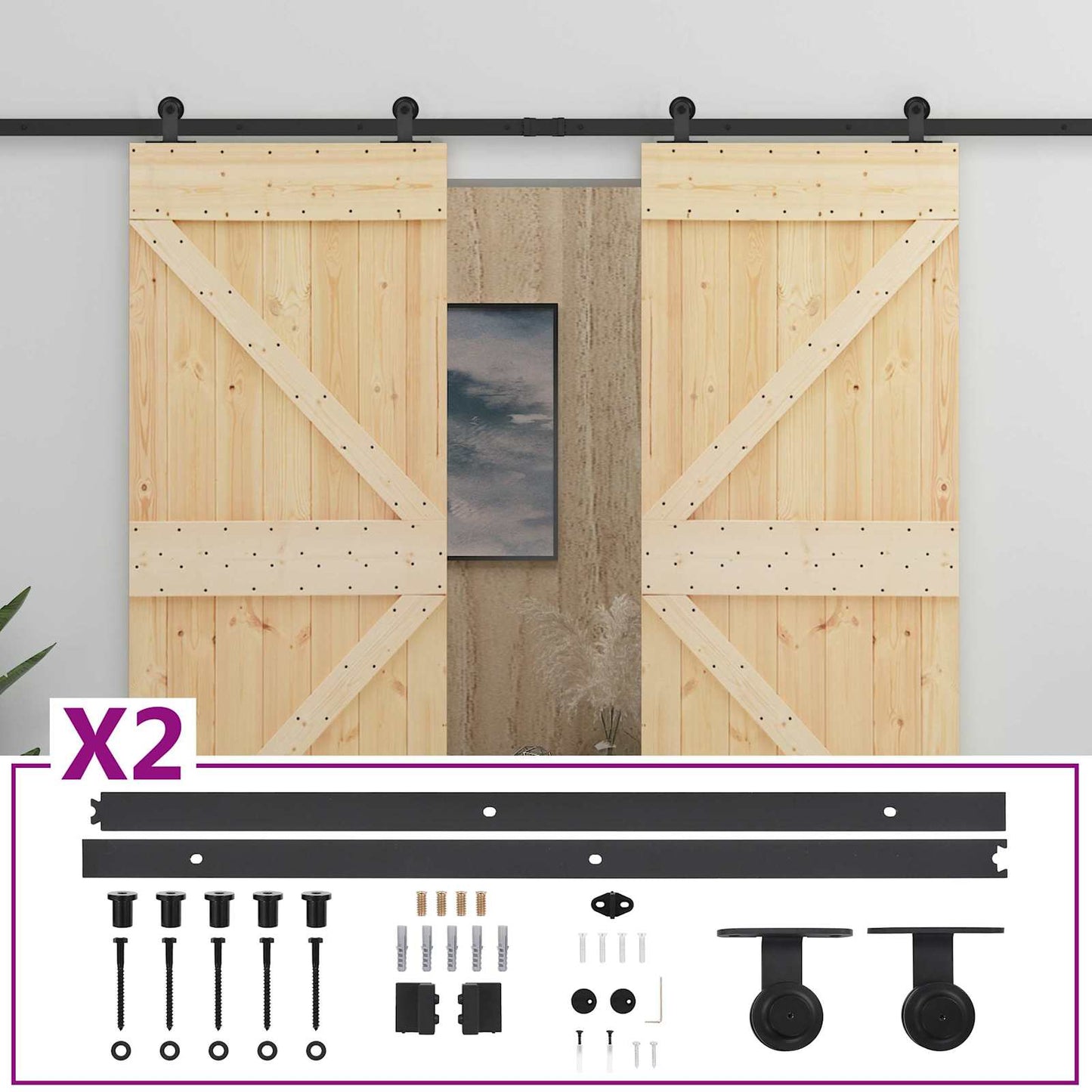 vidaXL Sliding Door 2 pcs Natural and Black Solid Pine Wood