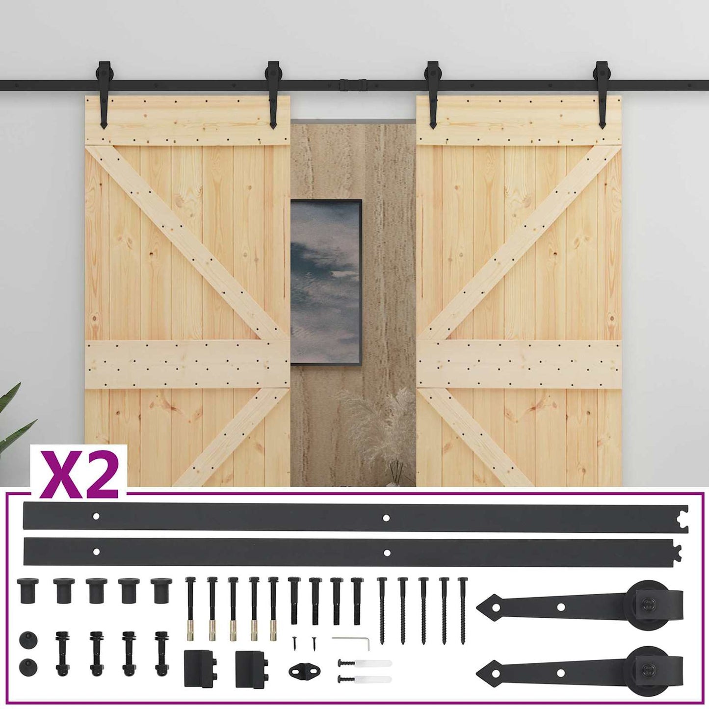 vidaXL Sliding Door 2 pcs Natural and Black Solid Pine Wood