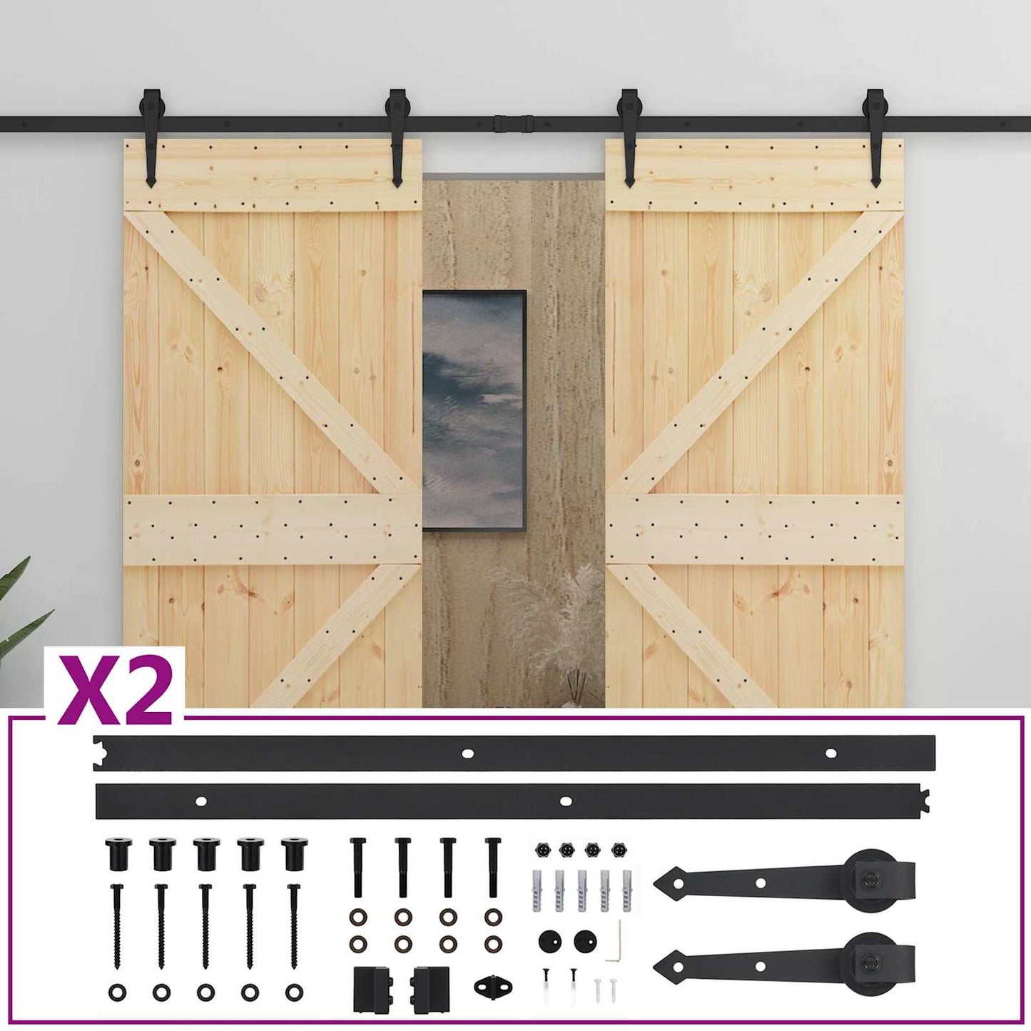 vidaXL Sliding Door 2 pcs Natural and Black Solid Pine Wood