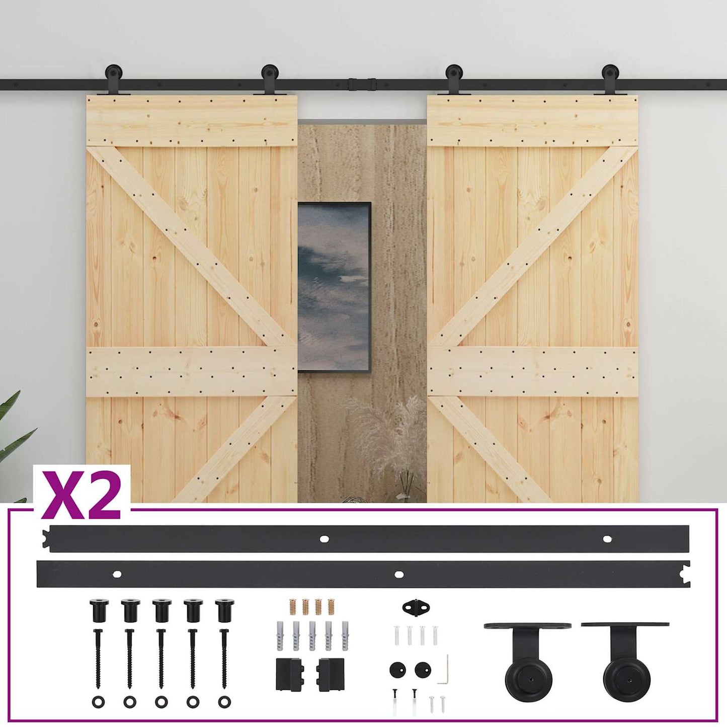 vidaXL Sliding Door 2 pcs Natural and Black Solid Pine Wood