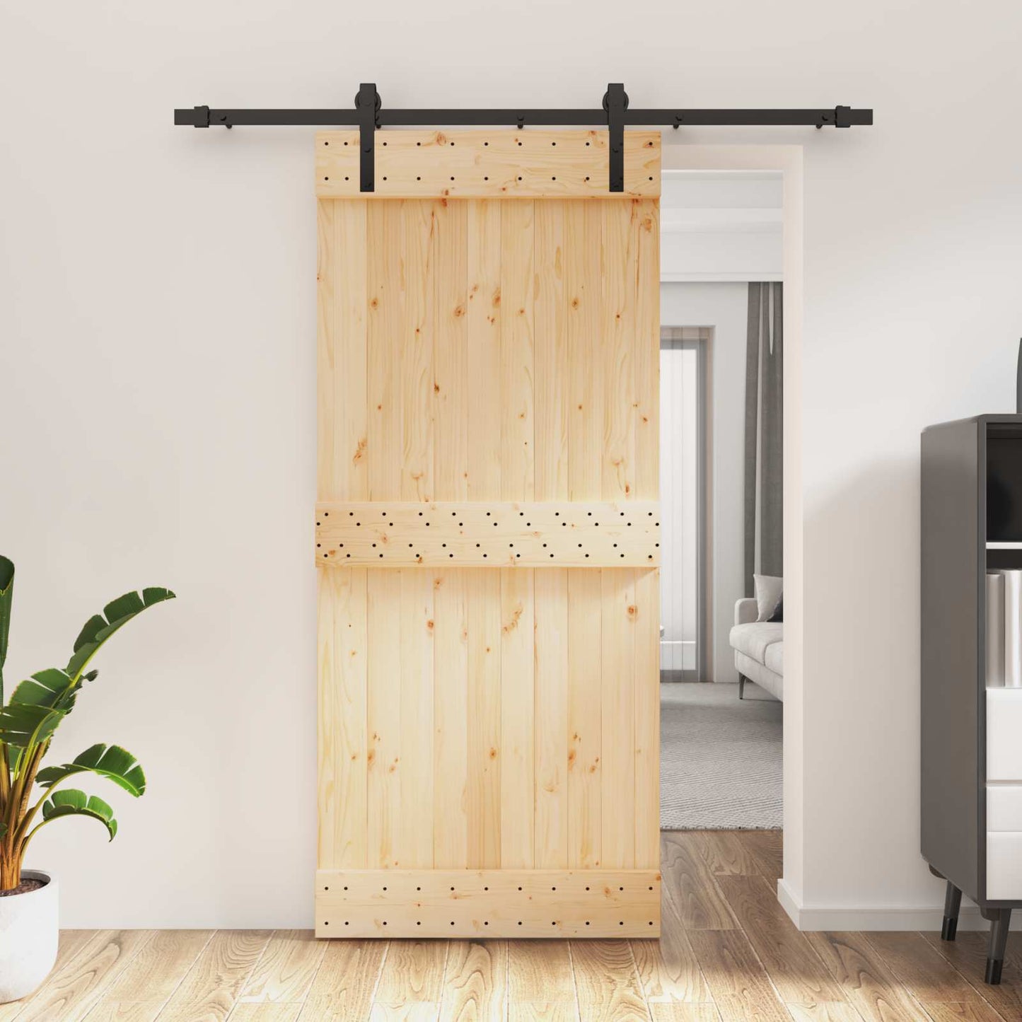vidaXL Sliding Door Natural and Black 90 x 210 cm Solid Pine Wood