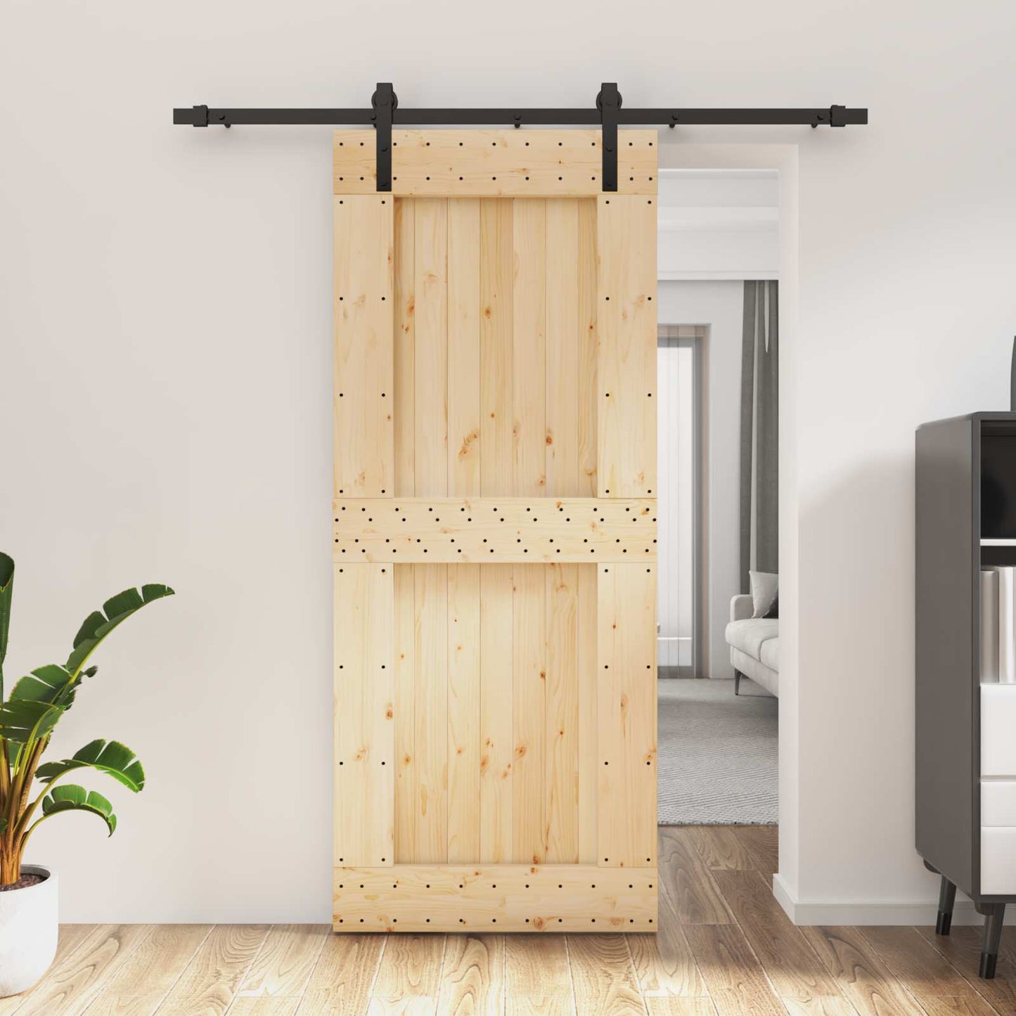 vidaXL Sliding Door Natural and Black 85 x 210 cm Solid Pine Wood