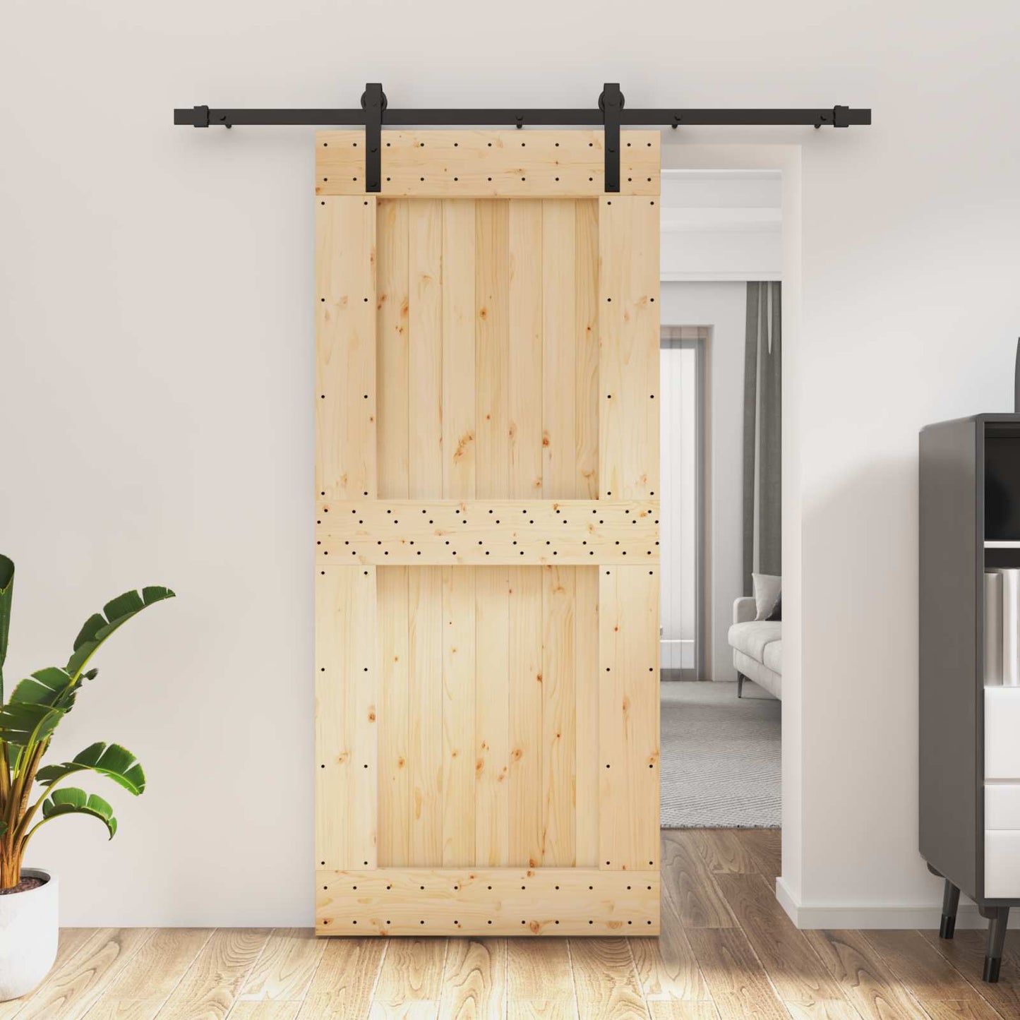 vidaXL Sliding Door Natural and Black 90 x 210 cm Solid Pine Wood