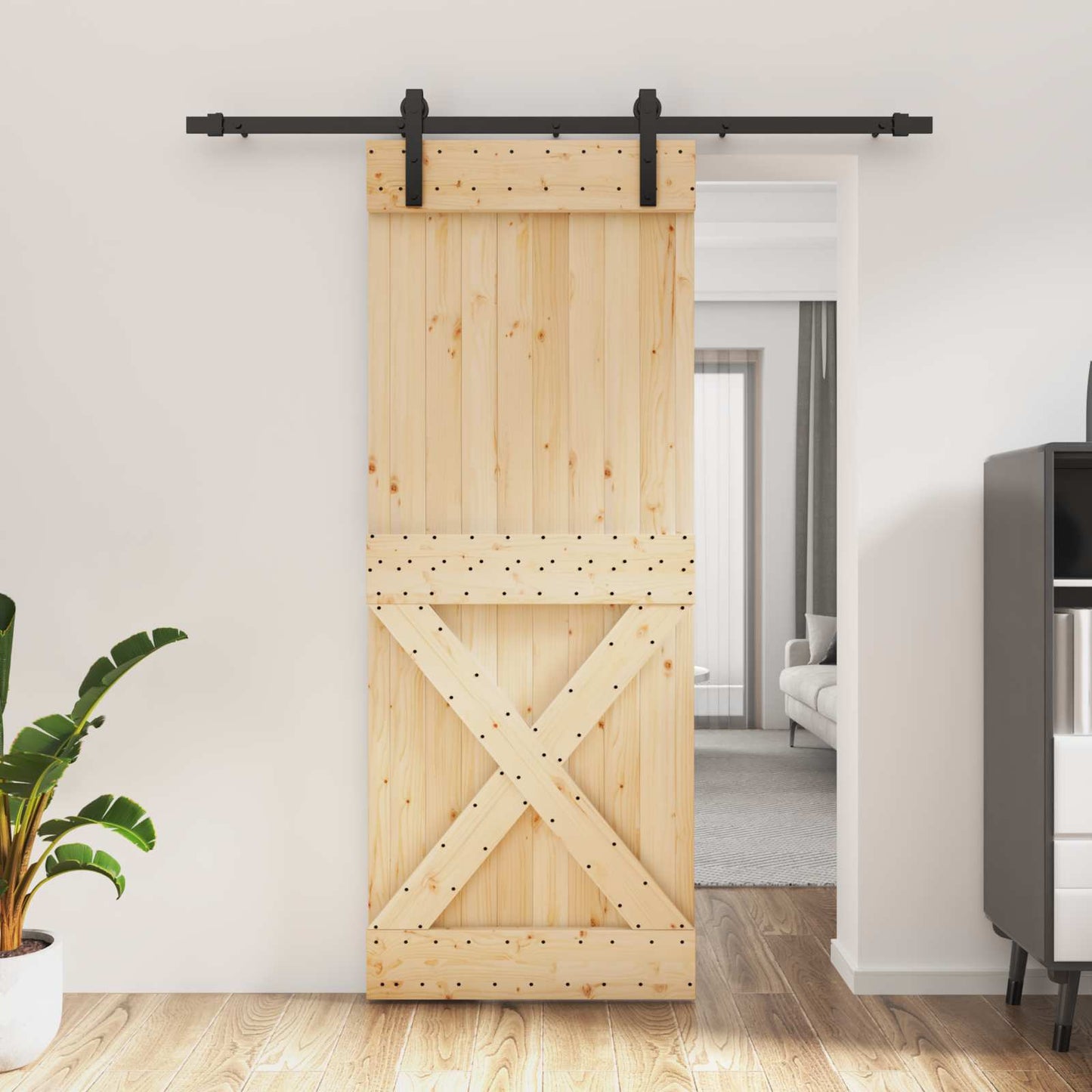 vidaXL Sliding Door Natural and Black 80 x 210 cm Solid Pine Wood