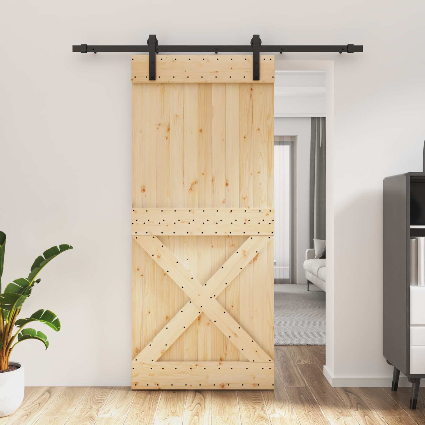 vidaXL Sliding Door Natural and Black 90 x 210 cm Solid Pine Wood