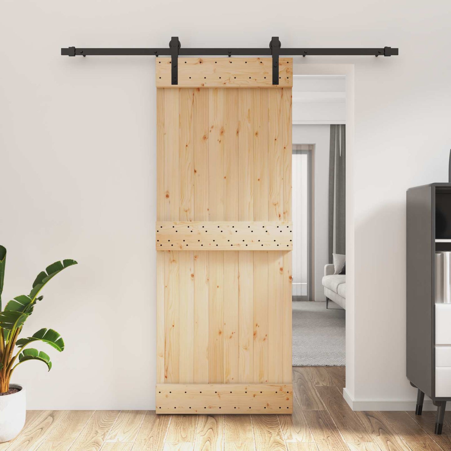 vidaXL Sliding Door Natural and Black 80 x 210 cm Solid Pine Wood