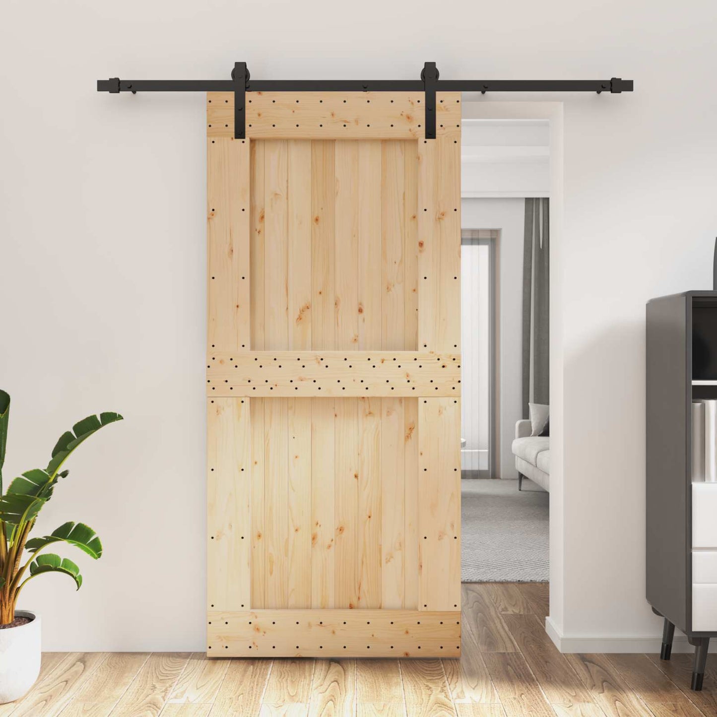 vidaXL Sliding Door Natural and Black 95 x 210 cm Solid Pine Wood