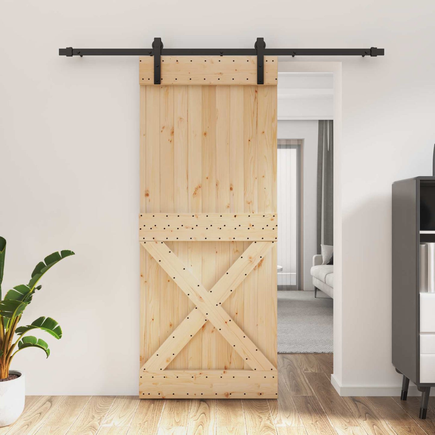 vidaXL Sliding Door Natural and Black 85 x 210 cm Solid Pine Wood