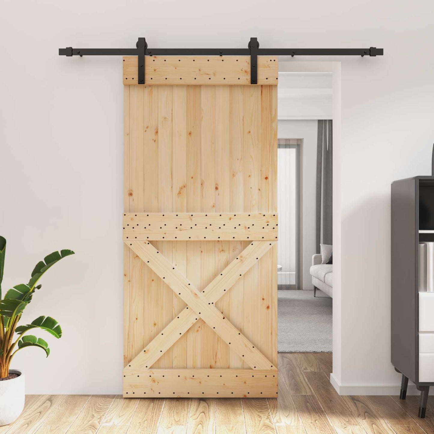 vidaXL Sliding Door Natural and Black 95 x 210 cm Solid Pine Wood
