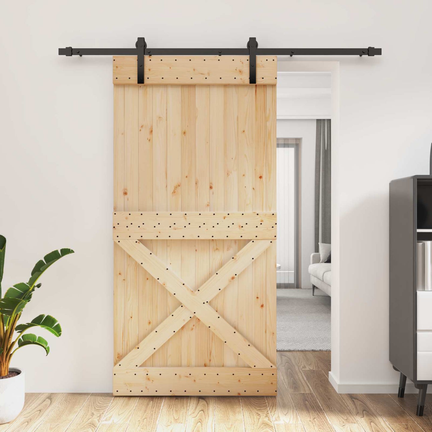 vidaXL Sliding Door Natural and Black 100 x 210 cm Solid Pine Wood