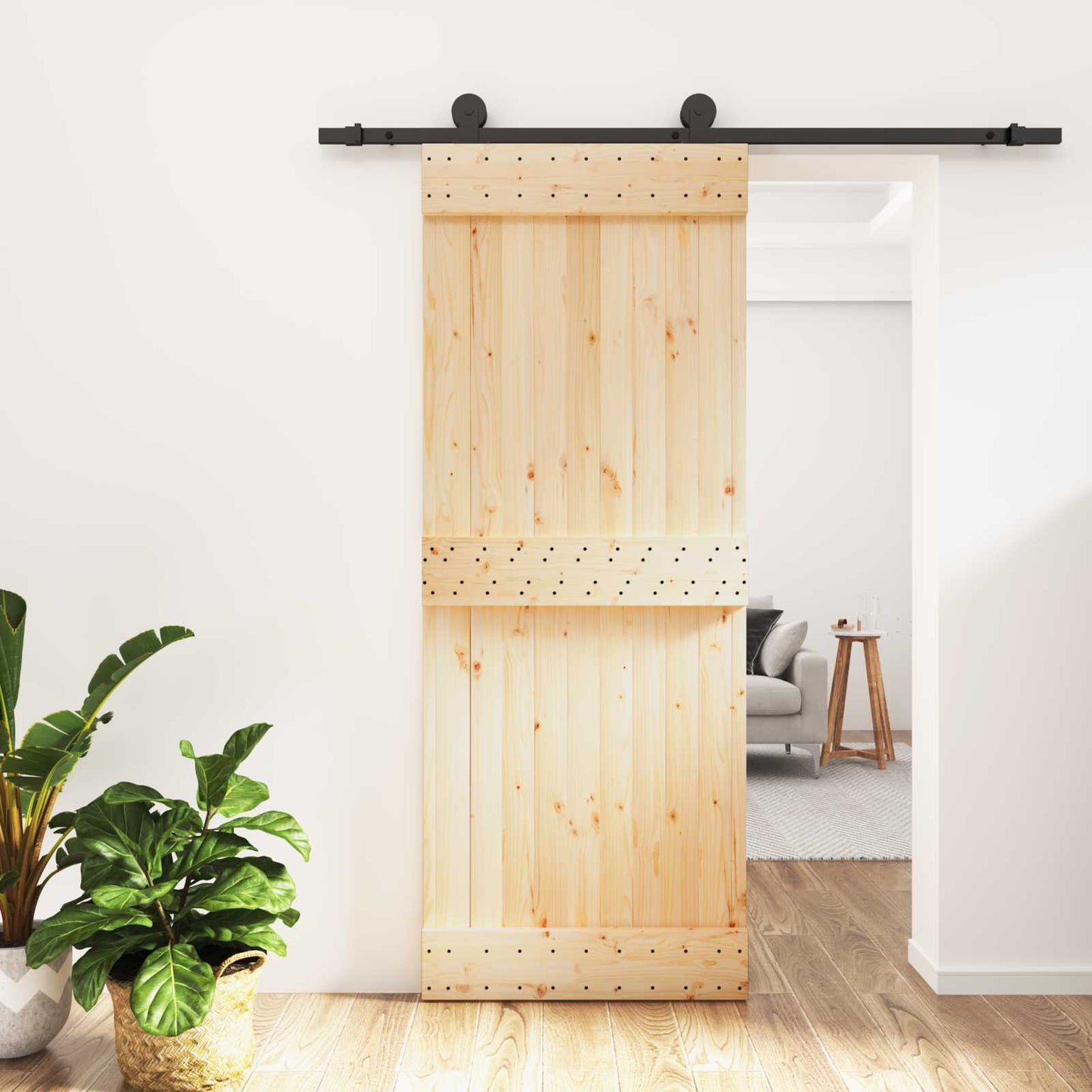 vidaXL Sliding Door Natural and Black 80 x 210 cm Solid Pine Wood