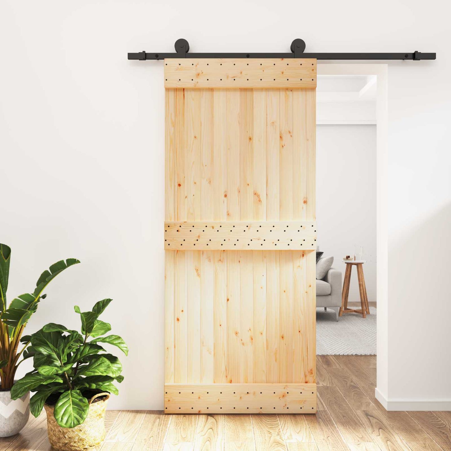 vidaXL Sliding Door Natural and Black 90 x 210 cm Solid Pine Wood