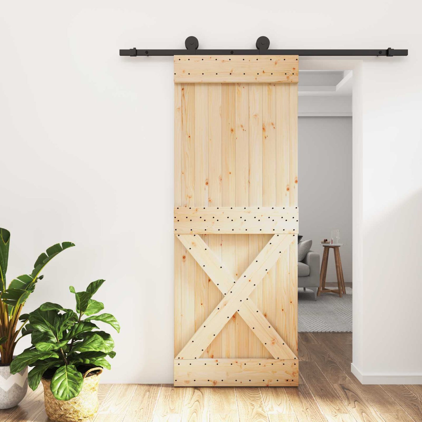 vidaXL Sliding Door Natural and Black 80 x 210 cm Solid Pine Wood