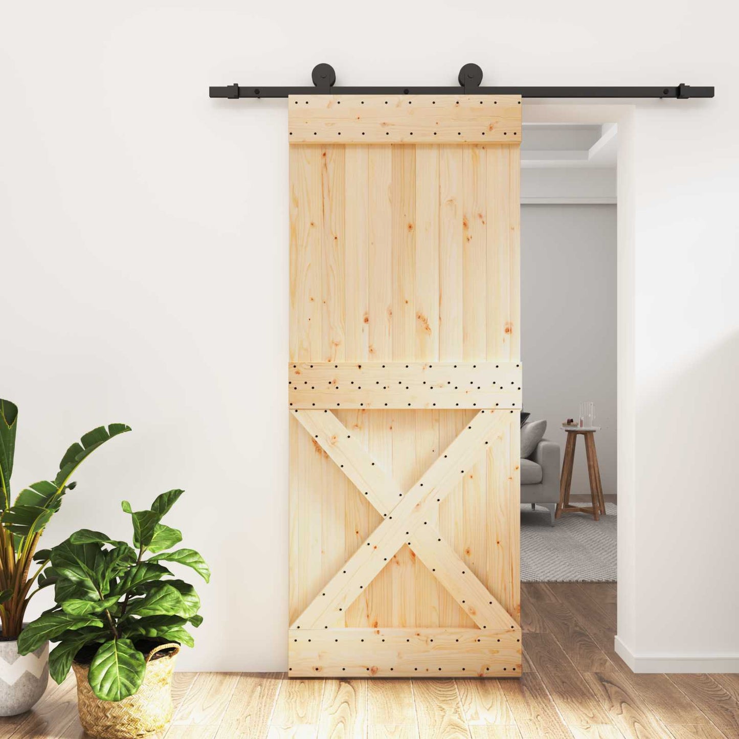 vidaXL Sliding Door Natural and Black 85 x 210 cm Solid Pine Wood