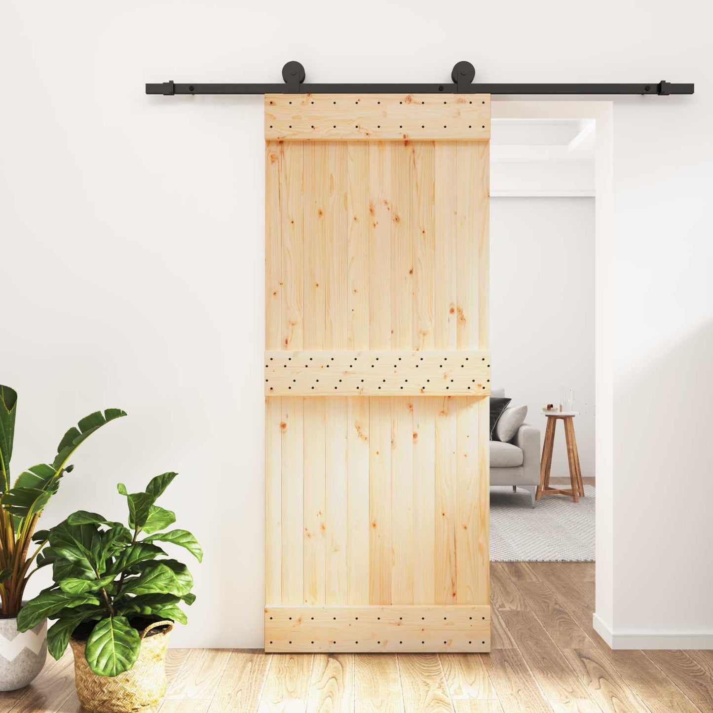 vidaXL Sliding Door Natural and Black 85 x 210 cm Solid Pine Wood