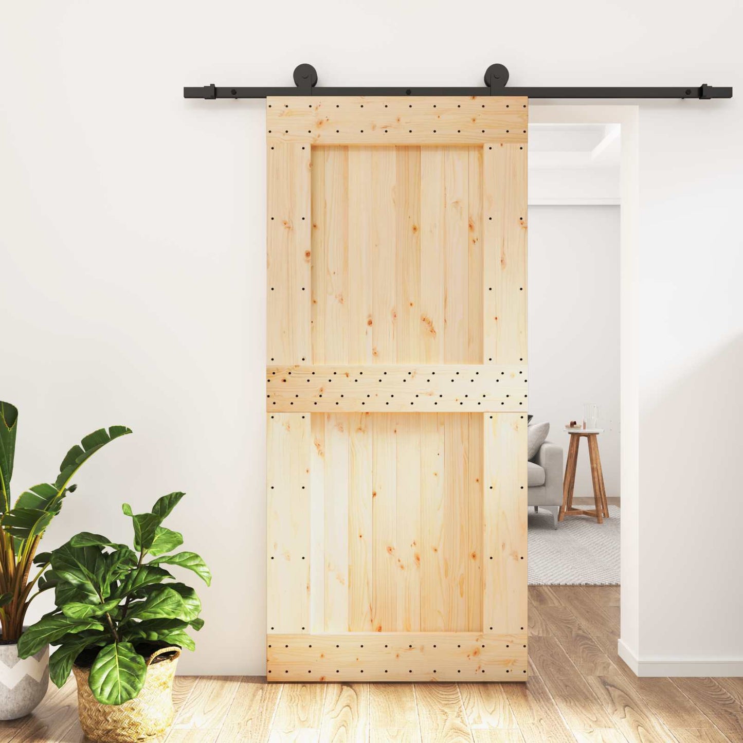 vidaXL Sliding Door Natural and Black 95 x 210 cm Solid Pine Wood