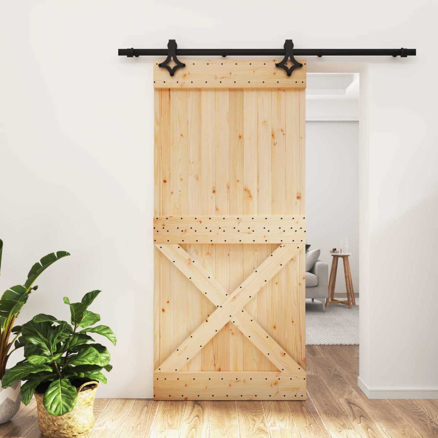 vidaXL Sliding Door Natural and Black 95 x 210 cm Solid Pine Wood