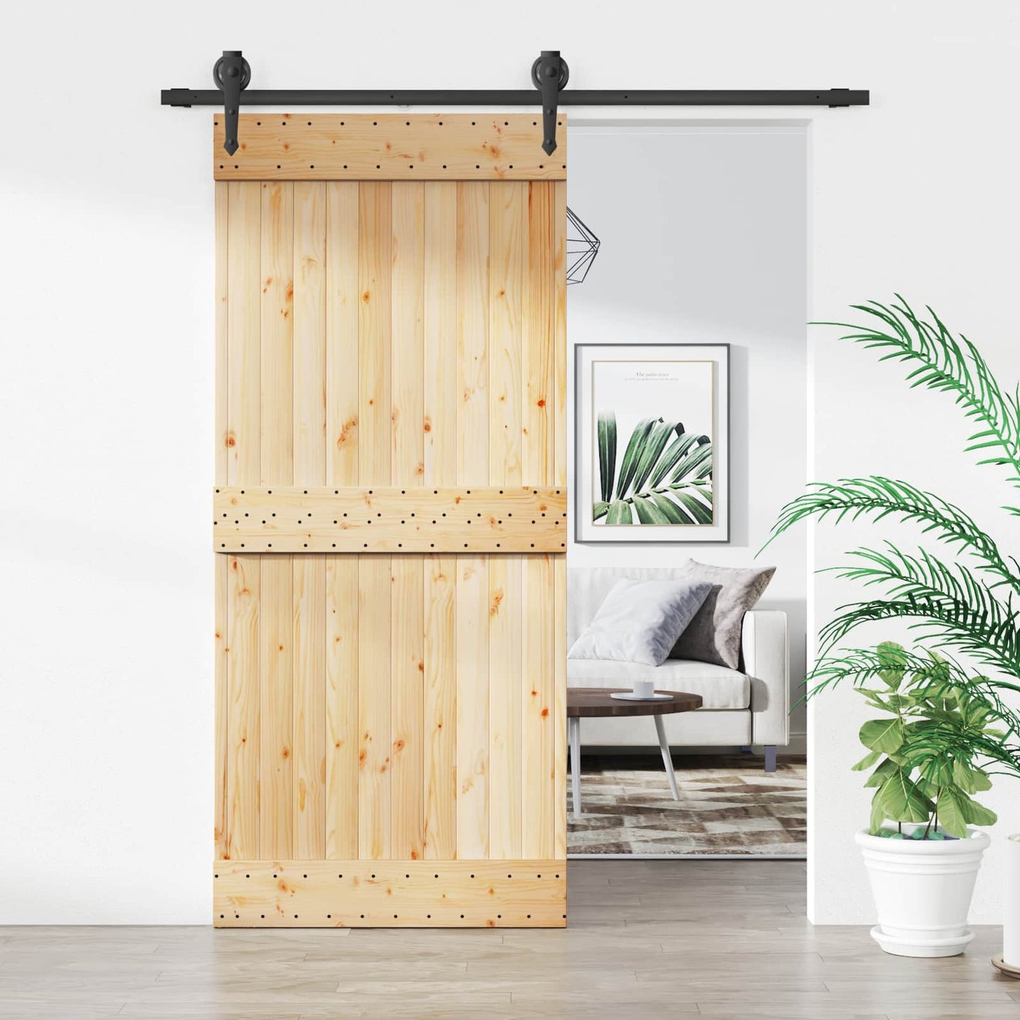 vidaXL Sliding Door Natural and Black 90 x 210 cm Solid Pine Wood