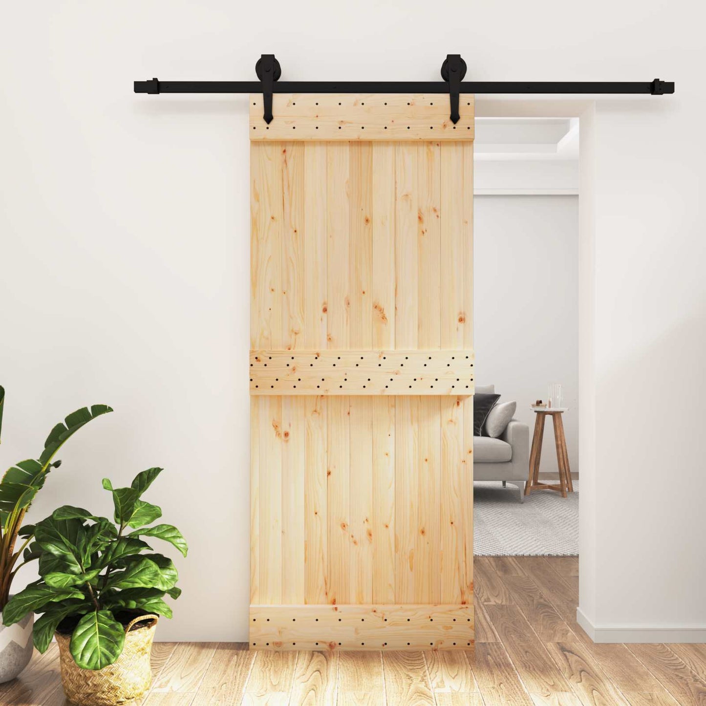 vidaXL Sliding Door Natural and Black 85 x 210 cm Solid Pine Wood