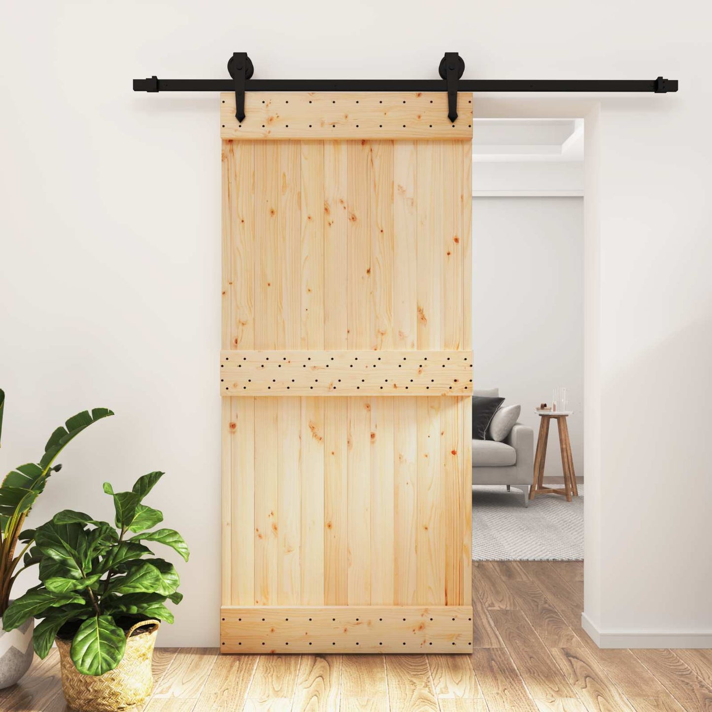 vidaXL Sliding Door Natural and Black 95 x 210 cm Solid Pine Wood