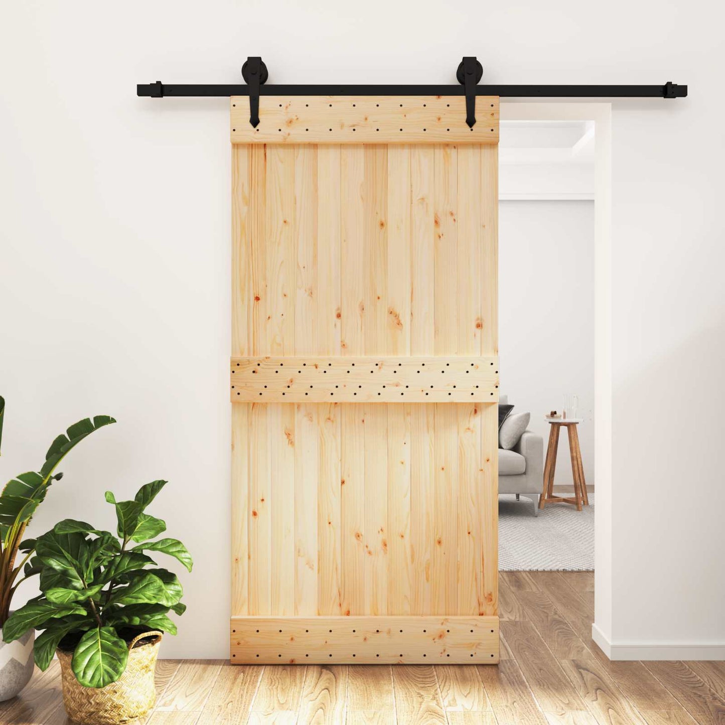 vidaXL Sliding Door Natural and Black 100 x 210 cm Solid Pine Wood