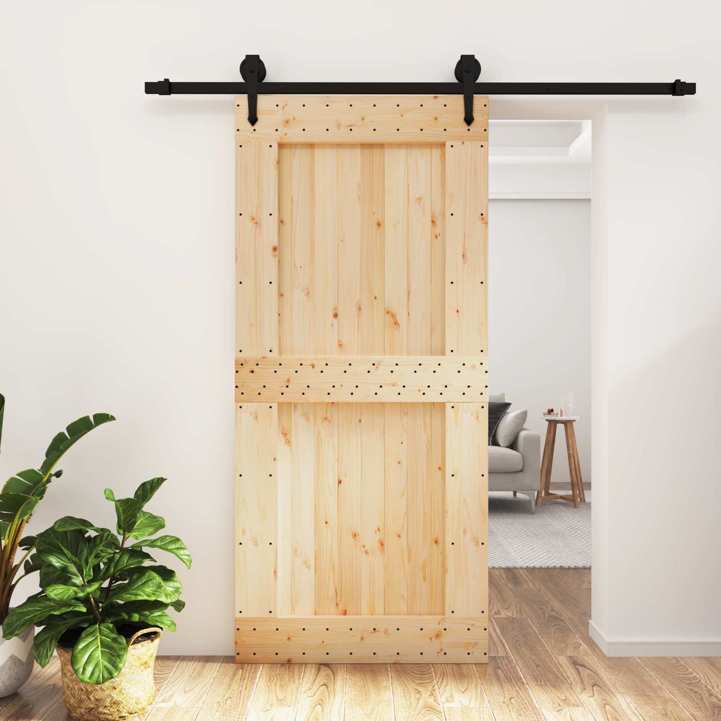 vidaXL Sliding Door Natural and Black 95 x 210 cm Solid Pine Wood