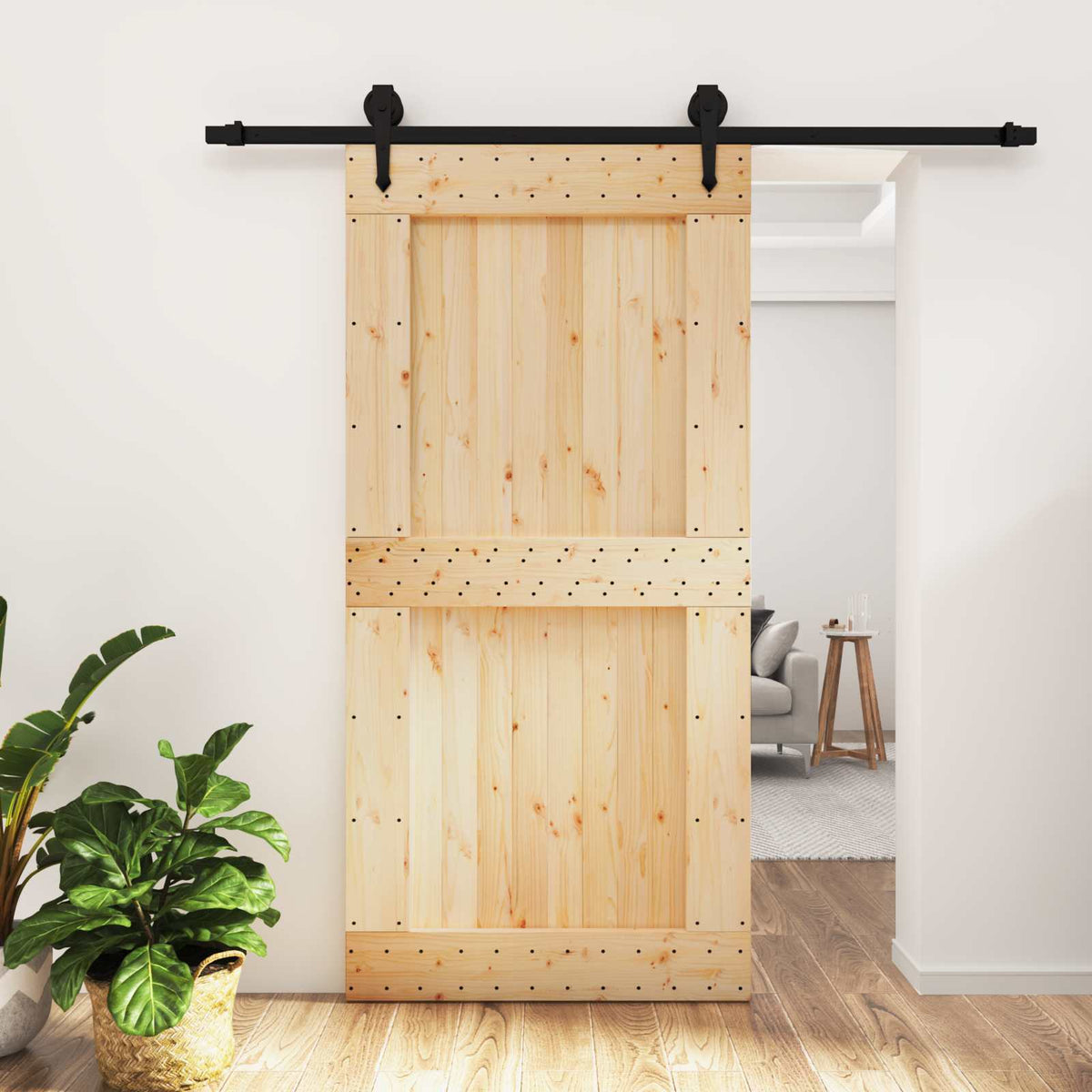 vidaXL Sliding Door Natural and Black 100 x 210 cm Solid Pine Wood