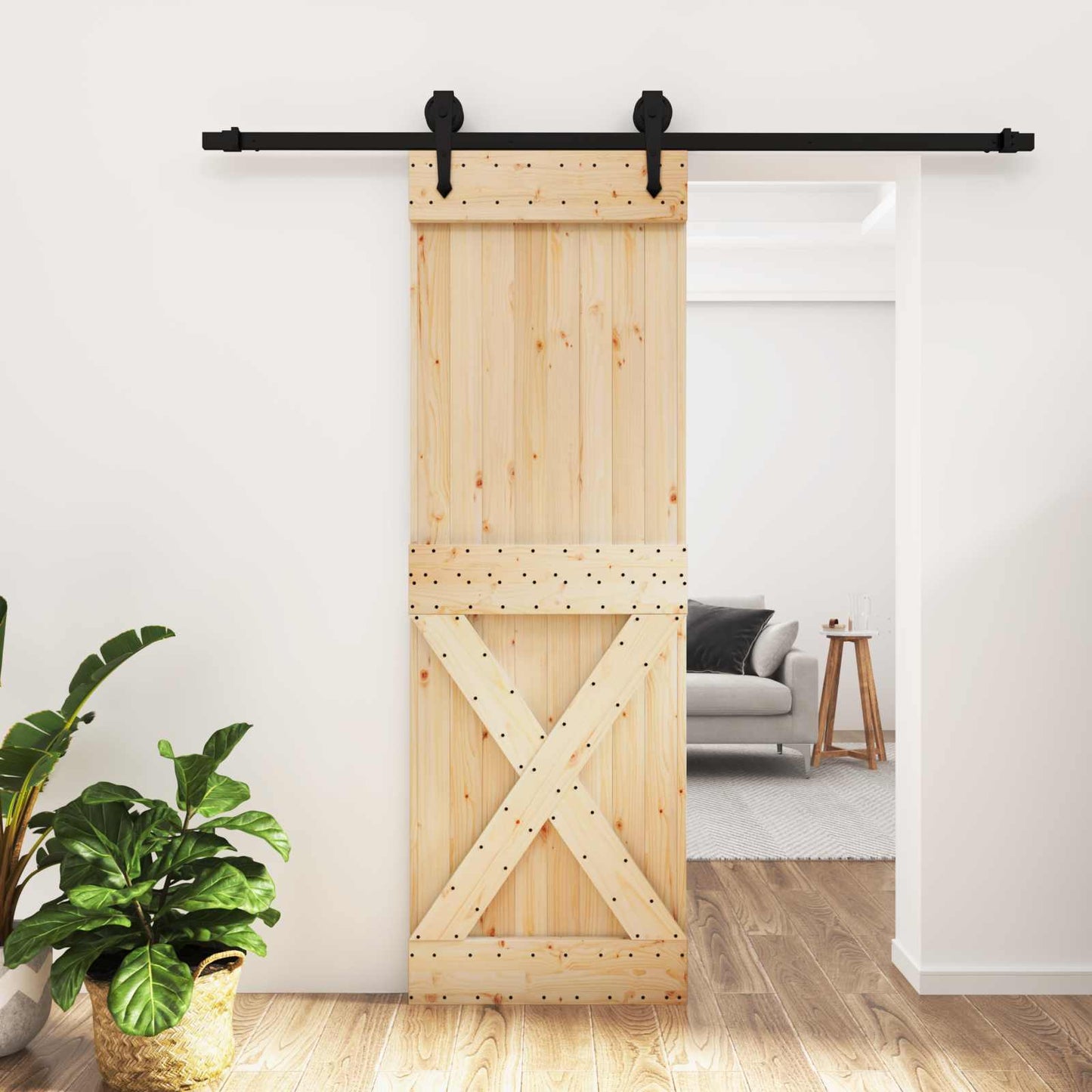 vidaXL Sliding Door Natural and Black 70 x 210 cm Solid Pine Wood