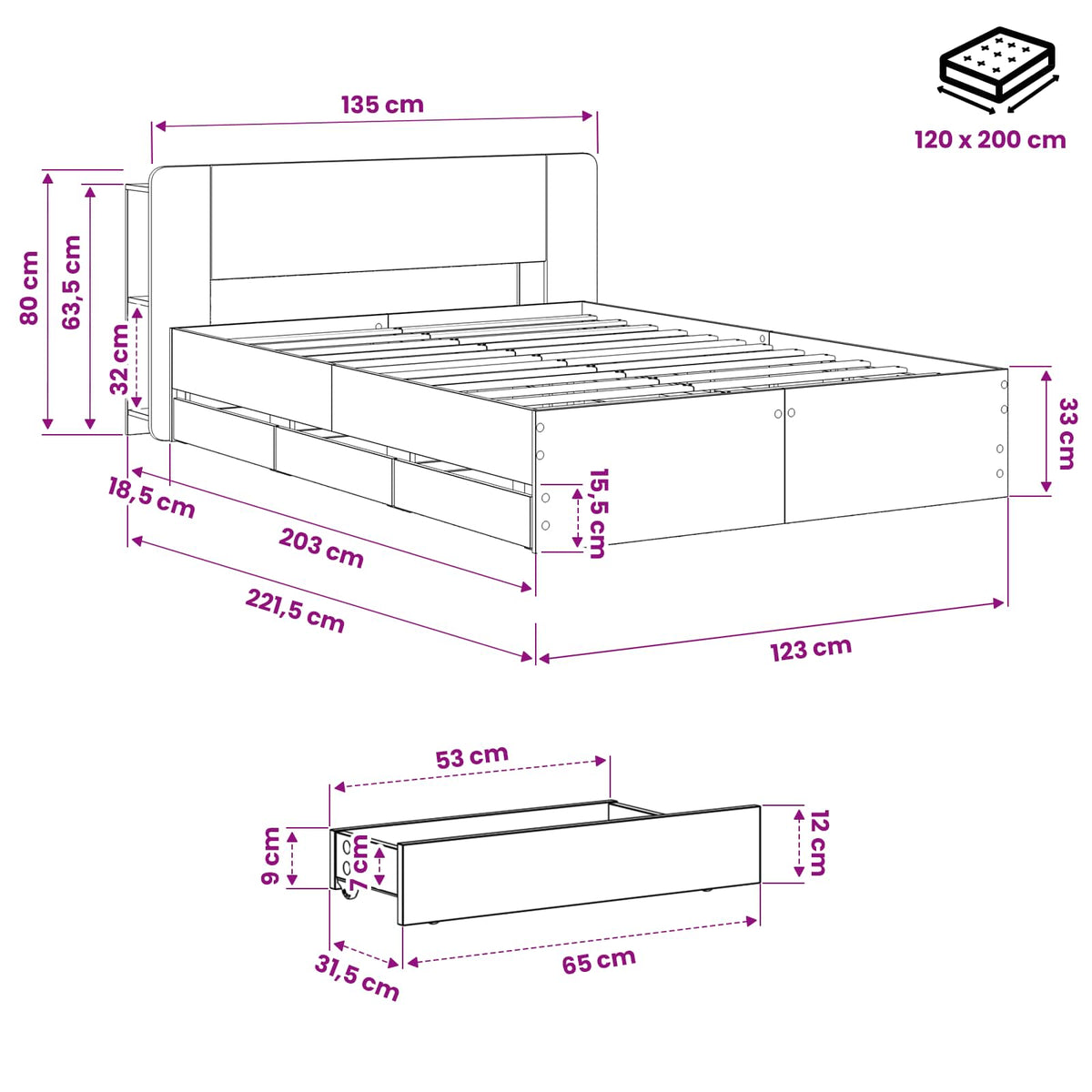 vidaXL Bed Frame with Storage and Headboard Artisan Oak 120 x 200 cm