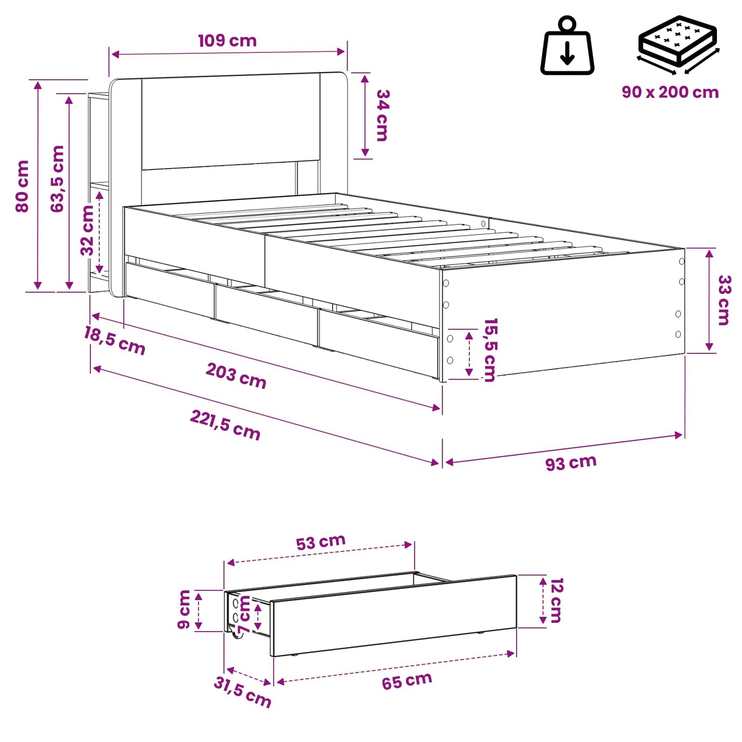 vidaXL Bed Frame with Storage and Headboard Artisan Oak 90 x 200 cm